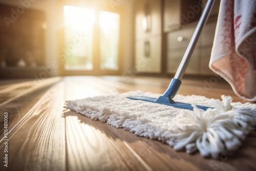 Young woman cleaning wooden floor with a mop during bright afternoon in her home, showcasing a serene and tidy environment