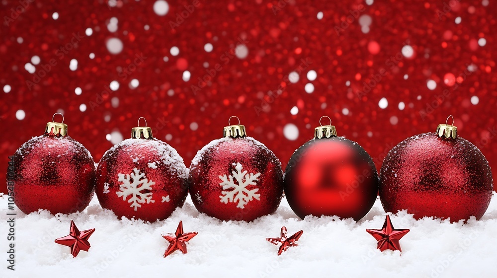 Festive Red Christmas Baubles on Snow with Glittering Bokeh Background : Generative AI Festive Red Christmas Baubles on Snow with Glittering Bokeh Background : Generative AI