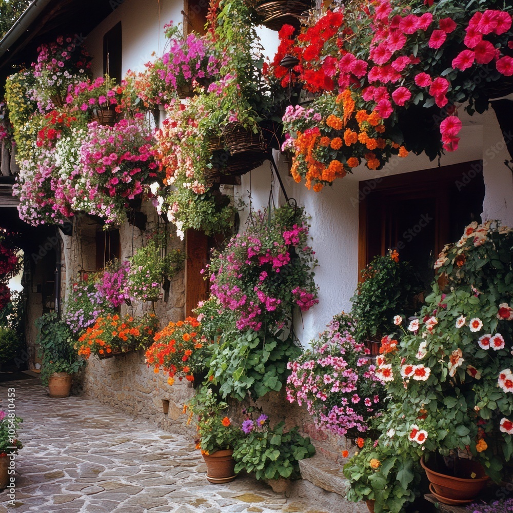 Garden with hanging flower baskets Garden with hanging flower baskets