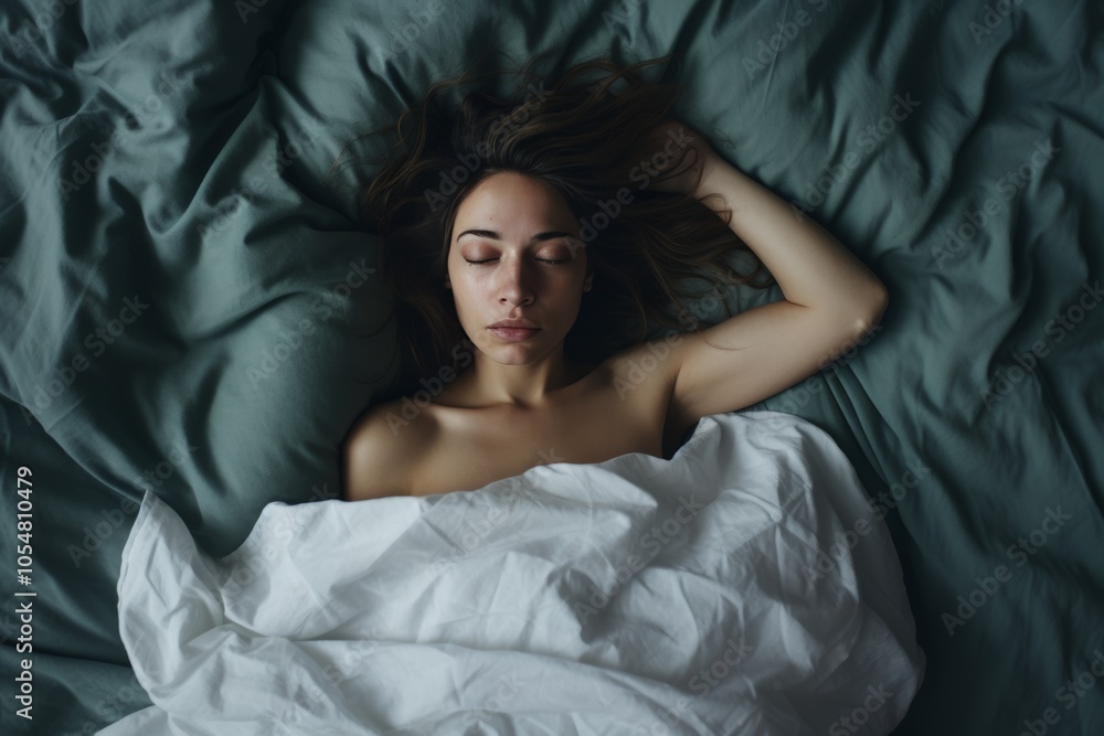 A frightened middle-aged woman lies alone in bed, feeling depressed and overwhelmed amidst soft bedding in a dimly lit room A frightened middle-aged woman lies alone in bed, feeling depressed and overwhelmed amidst soft bedding in a dimly lit room