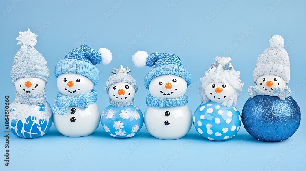 Cute Frosty Snowmen in Light Blue Hats and Scarves on a Bright Blue Background : Generative AI Cute Frosty Snowmen in Light Blue Hats and Scarves on a Bright Blue Background : Generative AI