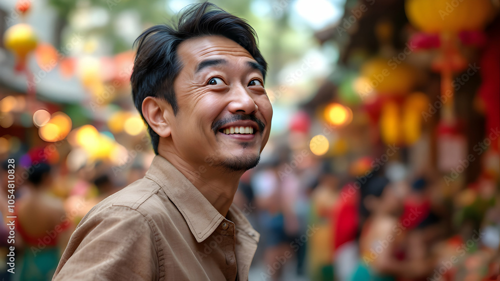 Naklejka premium Joyful Man Smiling in Vibrant Market Scene