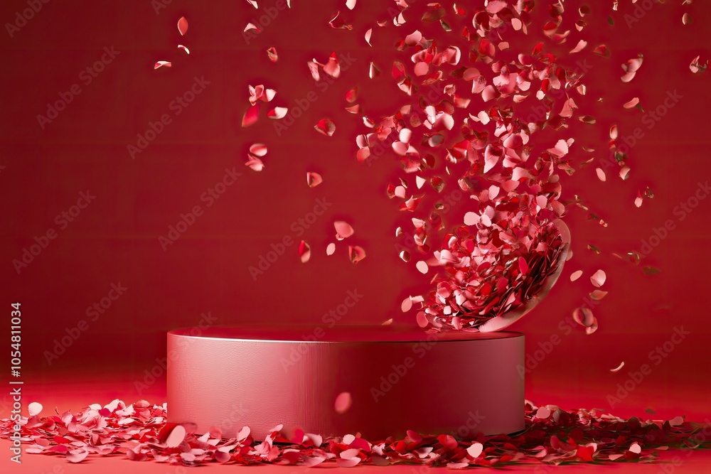 3D podium, display, background. Red, surprise, open gift box. Rose flower falling petals. Luxury cosmetic product presentation. Abstract, love, valentines day or woman's day. with generative ai 3D podium, display, background. Red, surprise, open gift box. Rose flower falling petals. Luxury cosmetic product presentation. Abstract, love, valentines day or woman's day. with generative ai