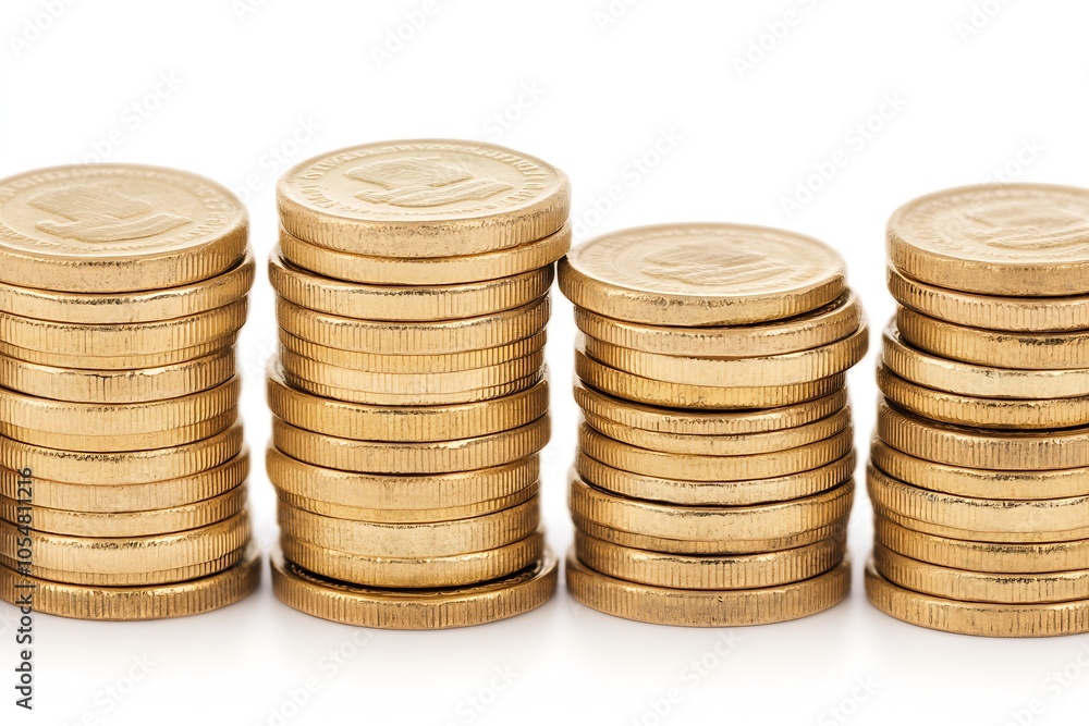 Rows of gold coins stacked neatly against a white background : Generative AI Rows of gold coins stacked neatly against a white background : Generative AI