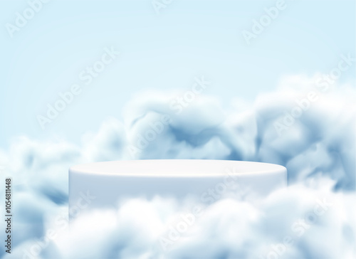 Podium in blue clouds or smoke. Vector background, white platform in blue sky. Elegant realistic mockup for product display, abstract studio stage in fog