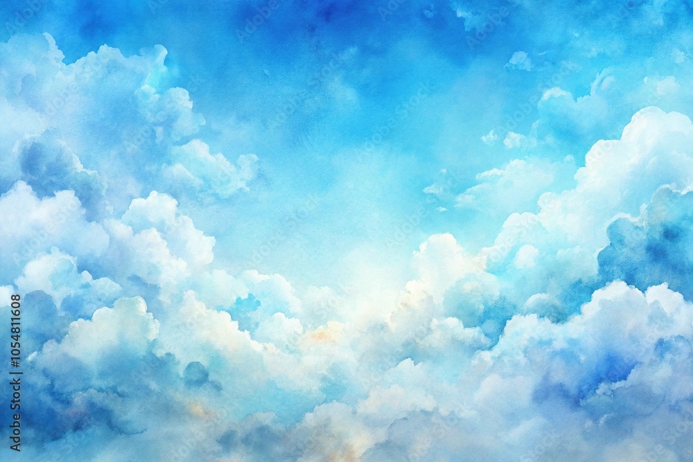 Fototapeta premium watercolor silhouette of landscape with blue sky and clouds