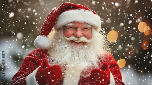 Jolly Santa Claus Giving Thumbs Up in a Festive Snowy Scene with Christmas Cheer and Joy : Generative AI