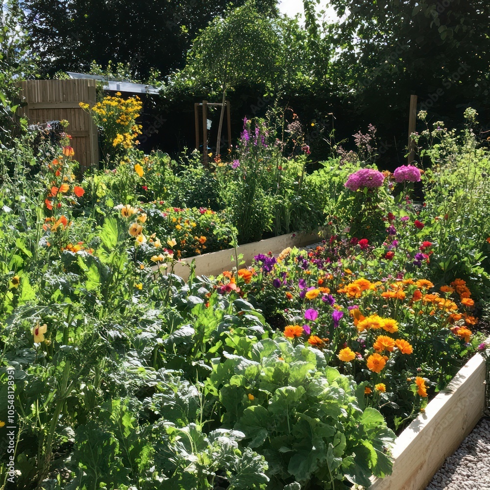 Garden with mixed flower and vegetable beds Garden with mixed flower and vegetable beds