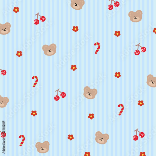 Pastel blue stripe background with teddy bear, cherry, flower, candy for wallpaper, backdrop, animal print, fabric, textile, garment, clothes, phone case, picnic blanket, zoo, souvenir shop, gift wrap