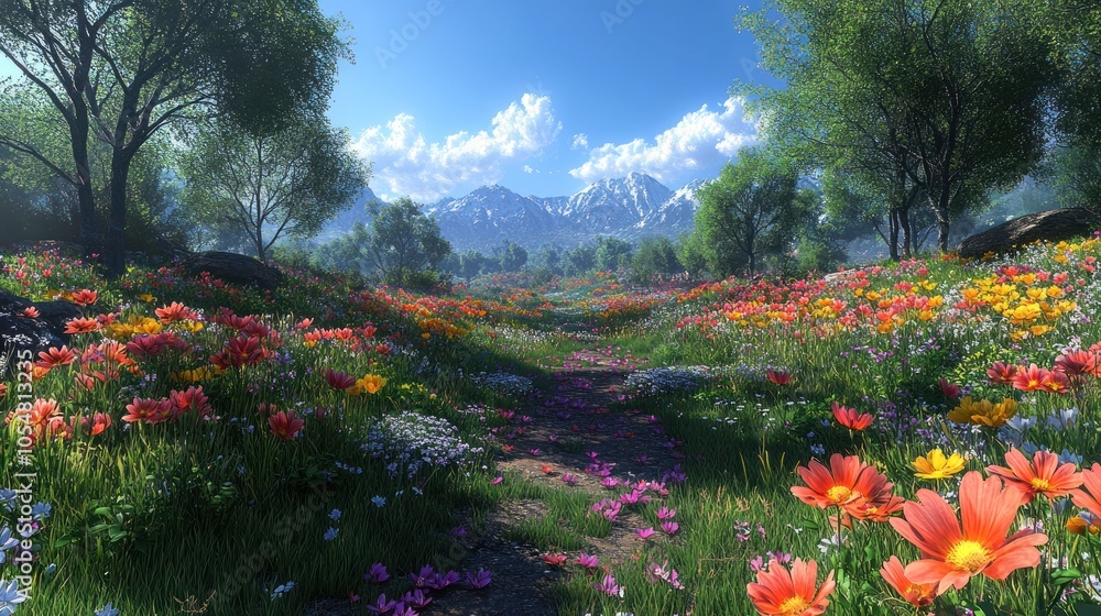 Obraz premium A vibrant flower-filled landscape with mountains in the background.