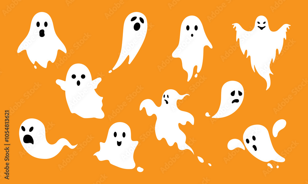 Set of cute Halloween ghost in white color. Halloween. Ghost icon set. Collection of various scary and funny ghosts. Soul symbols for parties, celebrations, templates and decoration. Set of cute Halloween ghost in white color. Halloween. Ghost icon set. Collection of various scary and funny ghosts. Soul symbols for parties, celebrations, templates and decoration.