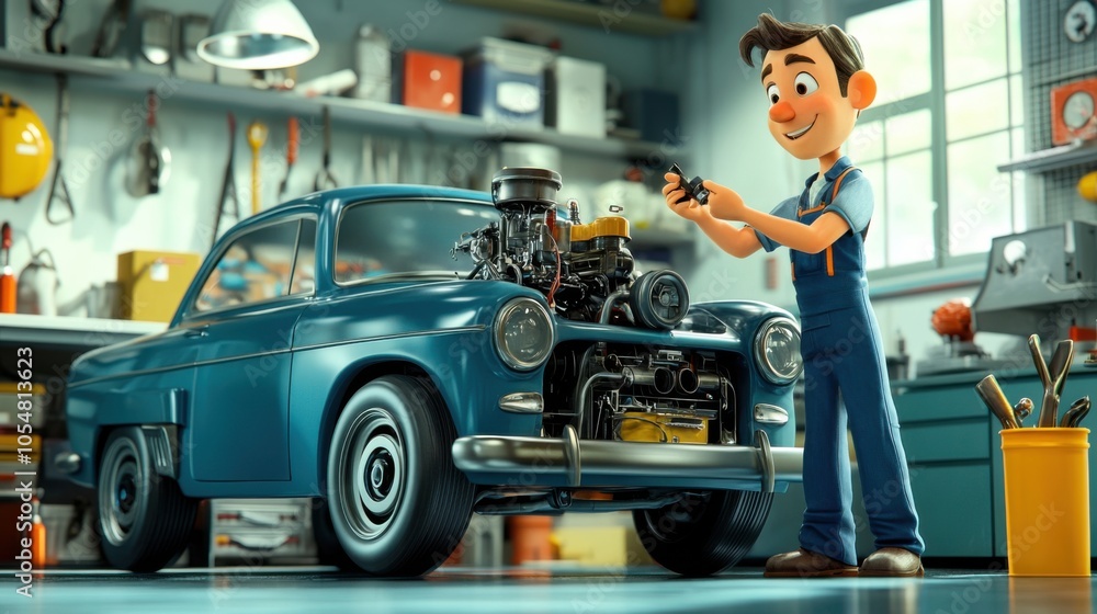 Fototapeta premium Cartoon repair technician, adjusting engine parts, standing next to a car