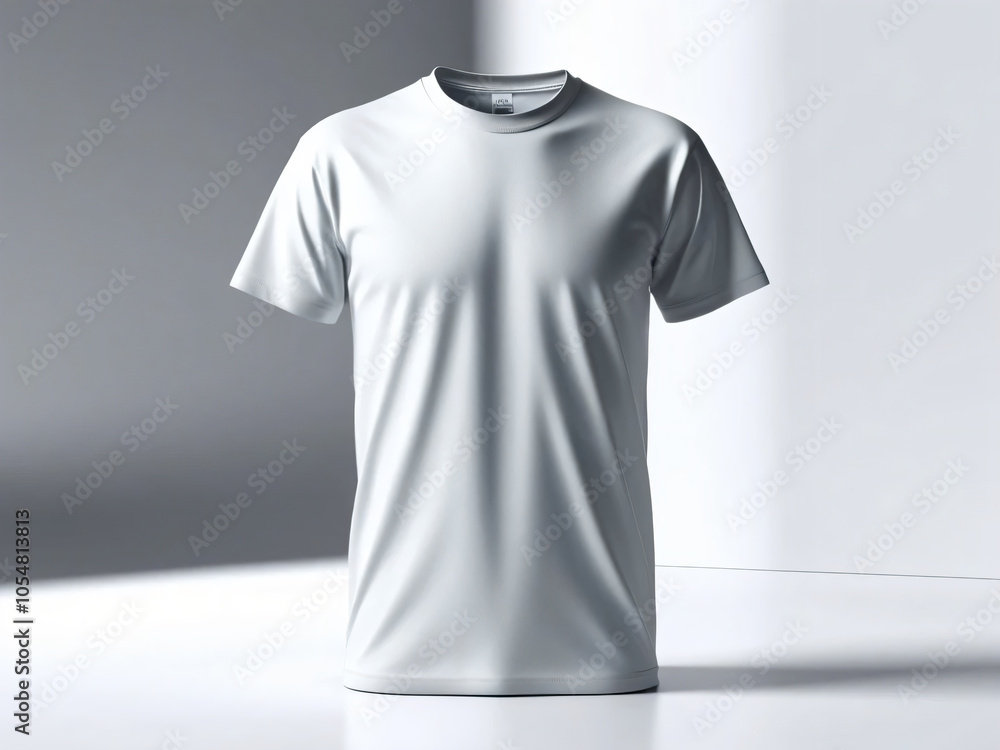 A white T-shirt is the main focus of this commercial photo. A white T-shirt is the main focus of this commercial photo.