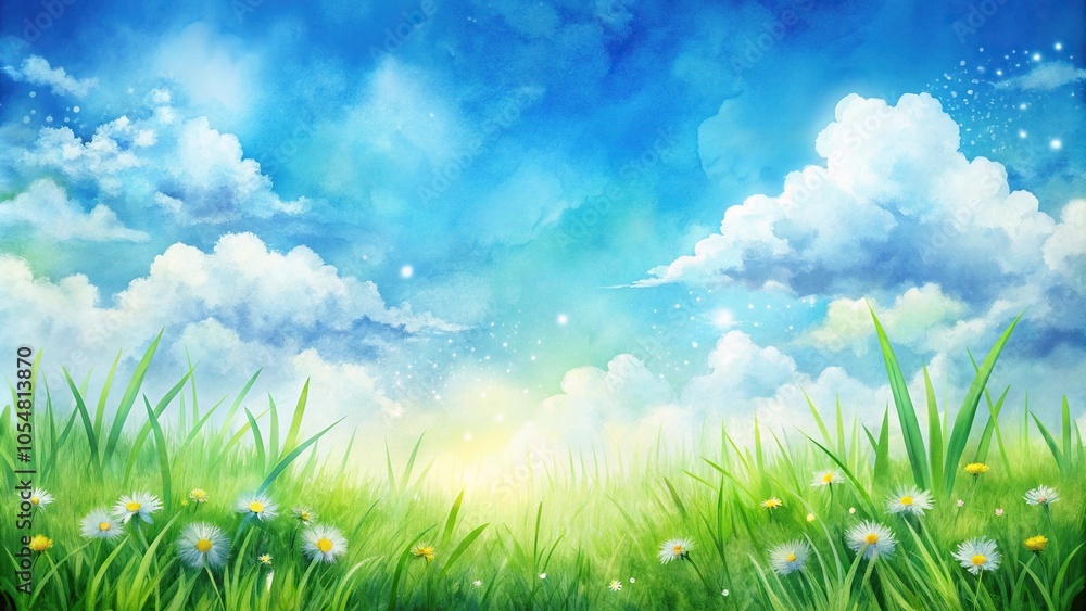 Fototapeta premium Watercolor spring background with green grass and blue sky with clouds