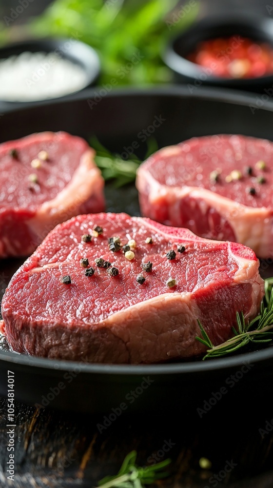 Marbled beef is seared in a skillet Marbled beef is seared in a skillet