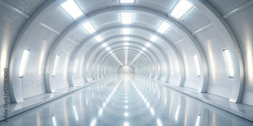 A futuristic hallway with smooth white walls, a reflective floor, and evenly spaced lights that illuminate the path ahead, leading towards an unseen destination.