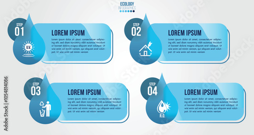 Infographic eco water blue design elements process 4 steps or options parts with drop of water. Ecology organic nature vector business template for presentation.