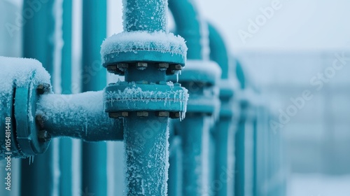 Valve with icy frost buildup, surrounded by frozen pipes, extreme cold environment, Valve, Arctic industrial equipment