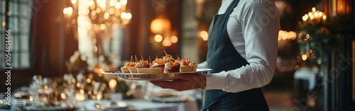 Waiter Holding Tray with Gourmet Appetizers at Party