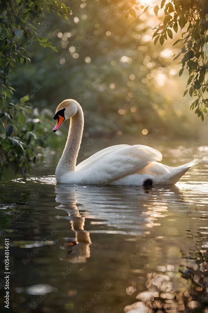 Fototapeta premium Gentle sunrise glow on a lake as a swan swims, ideal for peaceful nature visuals.