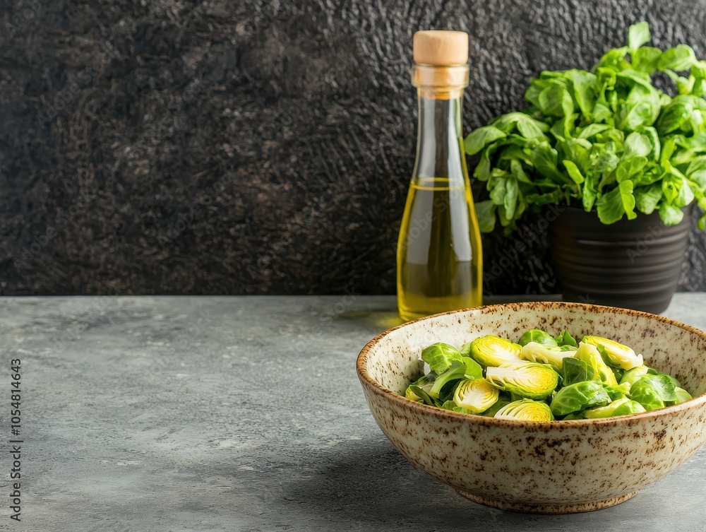 Fresh Brussels sprouts in a rustic bowl with olive oil and basil on a textured background. Fresh Brussels sprouts in a rustic bowl with olive oil and basil on a textured background.