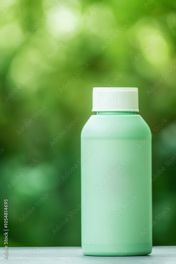 Green bottle on wooden table with blurred green background, ideal for natural product advertisement. Green bottle on wooden table with blurred green background, ideal for natural product advertisement.