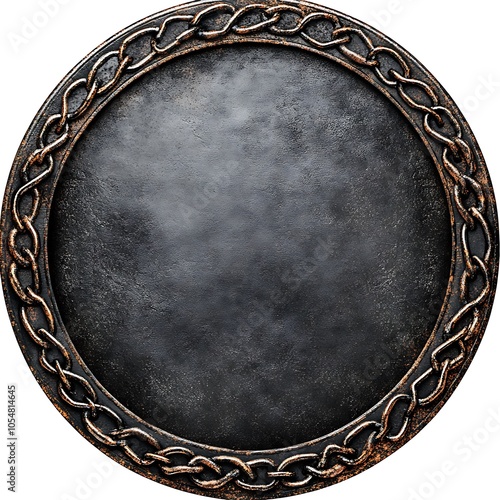 A round,  metal,  circular frame with a  chain border and a rustic, weathered surface.