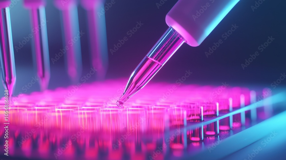 Pipette dispensing liquid into microplate with colorful background. Pipette dispensing liquid into microplate with colorful background.
