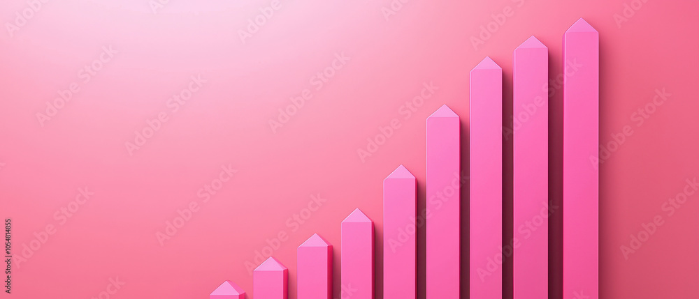 Pink bar graph rising on pink background, symbolizing growth and success. Pink bar graph rising on pink background, symbolizing growth and success.