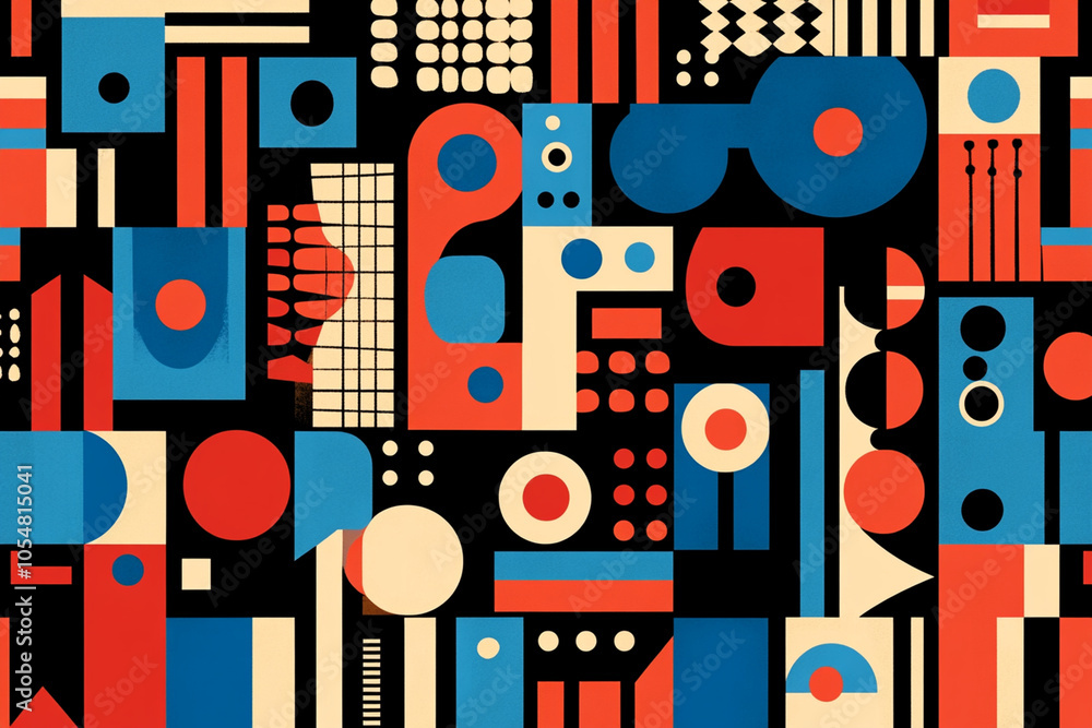 Abstract geometric patterns in vibrant red, blue, and cream colors create visually striking background. design features various shapes and forms, evoking sense of creativity and modernity Abstract geometric patterns in vibrant red, blue, and cream colors create visually striking background. design features various shapes and forms, evoking sense of creativity and modernity