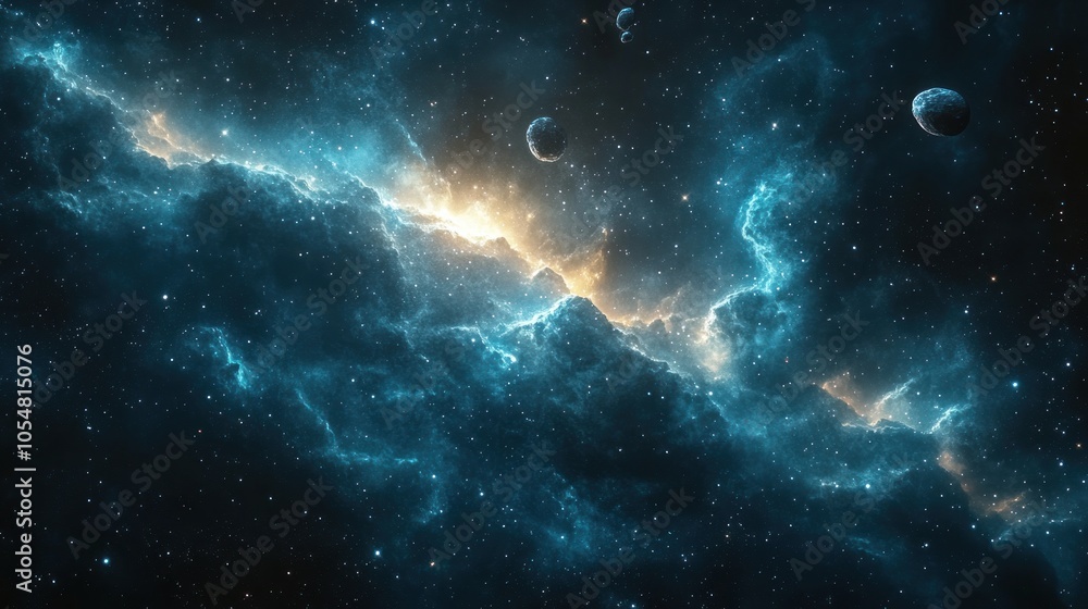 Fototapeta premium A stunning cosmic scene featuring vibrant nebulae and distant planets.