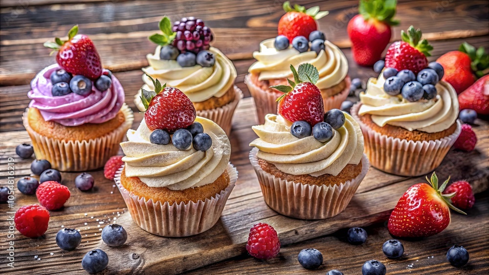 Sweet Delights An Array of Colorful Cupcakes Topped with Fresh Berries, Adorned with Whipped Cream and Delicate Green Sprigs, Resting on a Rustic Wooden Table, Ready to Indulge in a Taste of Summer Sweet Delights An Array of Colorful Cupcakes Topped with Fresh Berries, Adorned with Whipped Cream and Delicate Green Sprigs, Resting on a Rustic Wooden Table, Ready to Indulge in a Taste of Summer