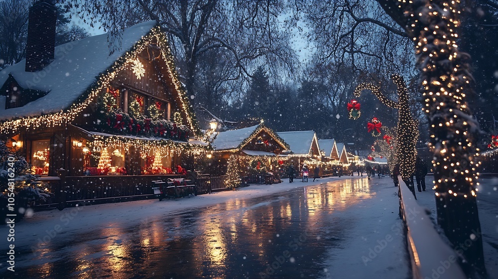 Enchanting Snowy Street with Charming Christmas Lights and Festive Decorations : Generative AI Enchanting Snowy Street with Charming Christmas Lights and Festive Decorations : Generative AI