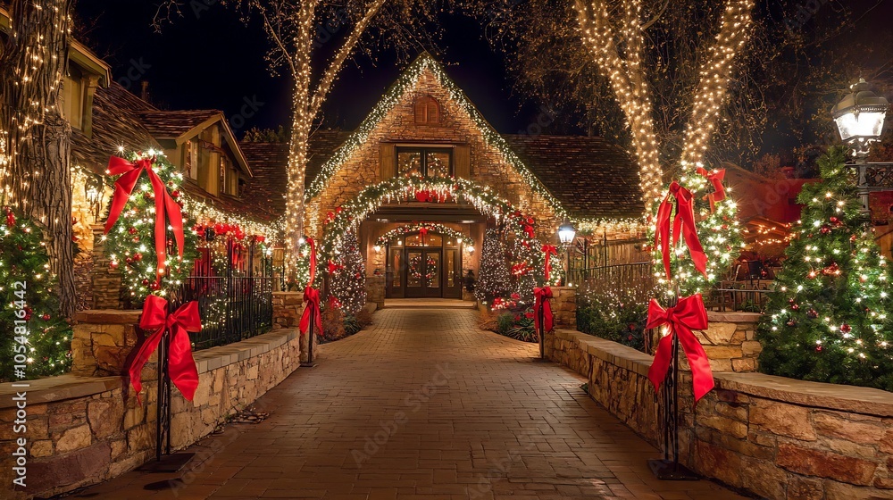 Obraz premium Enchanting Winter Wonderland with Illuminated Holiday Decor and Red Bows in Snowy Village : Generative AI