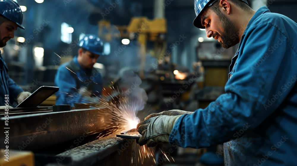 workers wielding metal at industrial factory with smoke and sparkle
workers wielding metal at industrial factory with smoke and sparkle