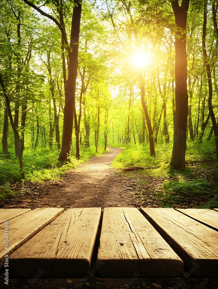 Sunlit Forest Path Through Lush Green Trees and Wooden Planks in Springtime Serenity : Generative AI Sunlit Forest Path Through Lush Green Trees and Wooden Planks in Springtime Serenity : Generative AI