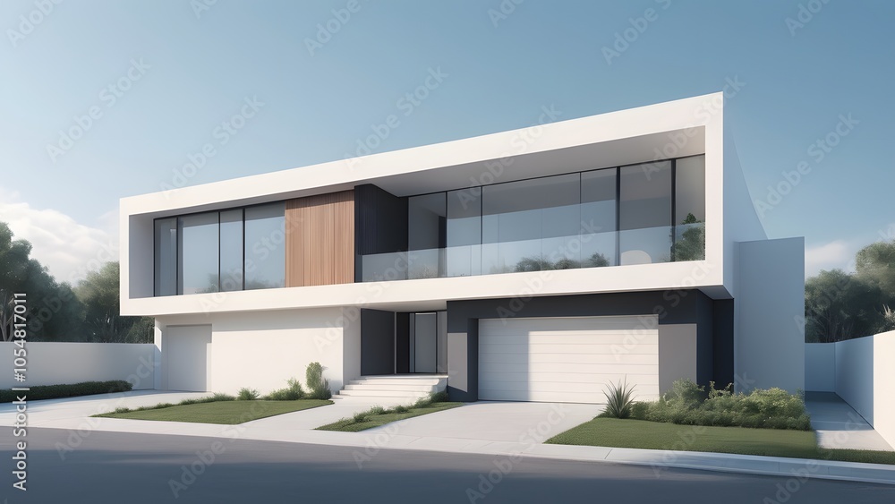 住宅の建築パース、3DCGによるモダンな住宅のイラスト 住宅の建築パース、3DCGによるモダンな住宅のイラスト