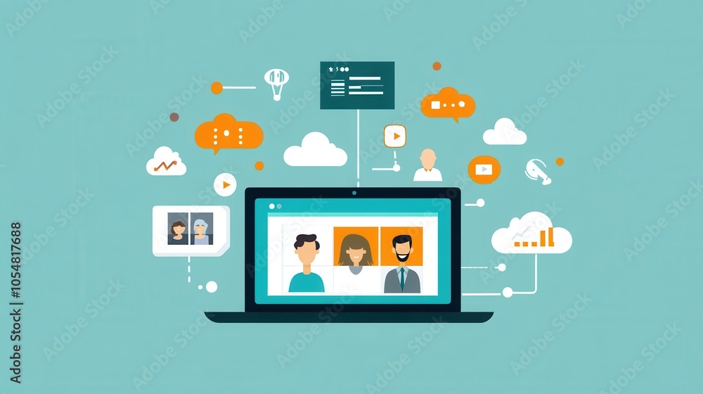 Digital meeting illustration with four people on a video call, shown in a flat cartoon design, laptop screen view Digital meeting illustration with four people on a video call, shown in a flat cartoon design, laptop screen view