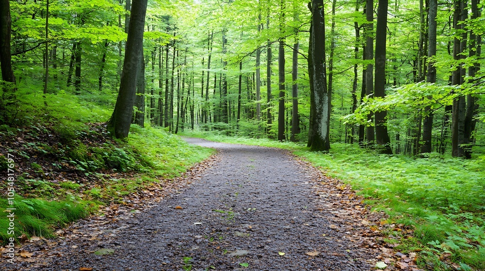 Obraz premium Peaceful Forest Pathway With Sunlight Filtering Through Green Canopy Serene Nature Landscape : Generative AI