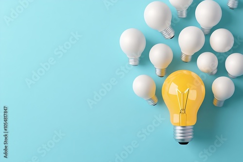 Arrangement of white and one yellow light bulb on a blue background representing innovation and creativity : Generative AI