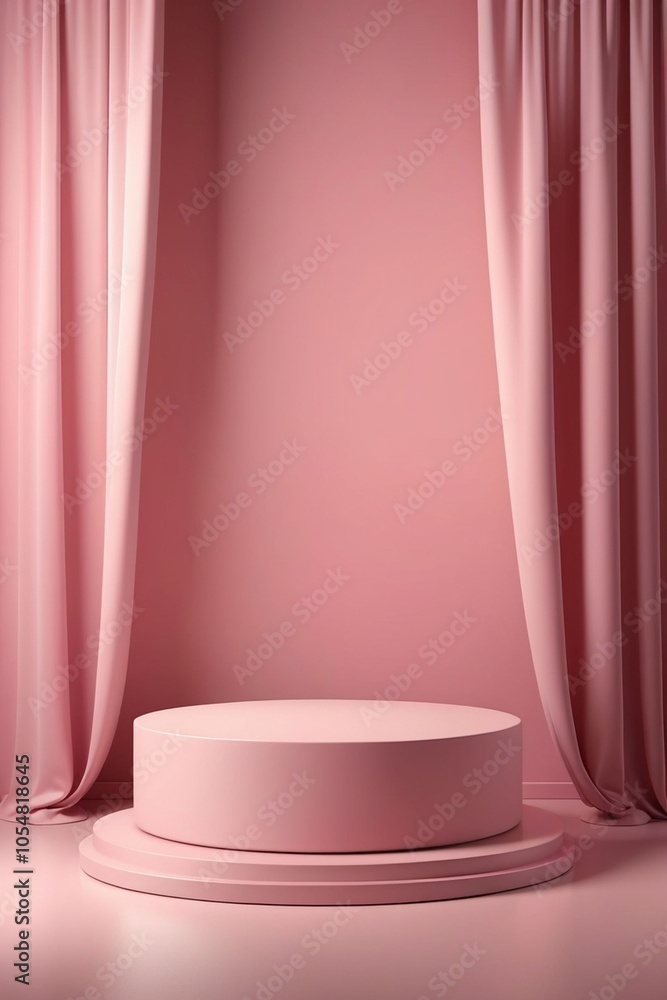 An empty pink pedestal platform in a minimal background for product presentation, vertical composition An empty pink pedestal platform in a minimal background for product presentation, vertical composition