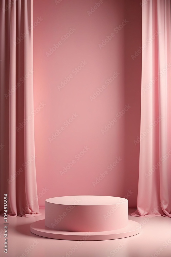 An empty pink pedestal platform in a minimal background for product presentation, vertical composition An empty pink pedestal platform in a minimal background for product presentation, vertical composition