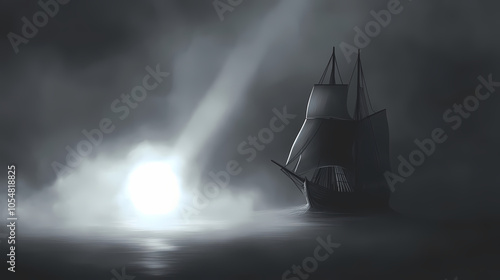 A silhouette of a sailing ship emerges from a thick fog, lit by a single spotlight. Ghost Ship. Illustration photo