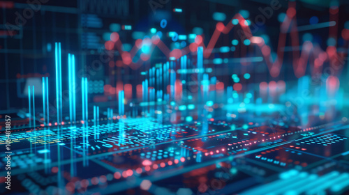 Abstract display of financial data with glowing graphs and charts, symbolizing stock market analysis, data trends, and business analytics