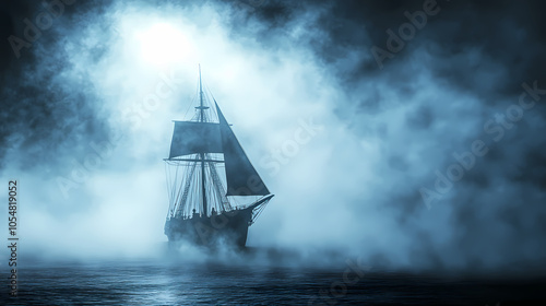 A silhouette of a sailing ship emerges from a thick fog, lit by a single spotlight. Ghost Ship. Illustration photo