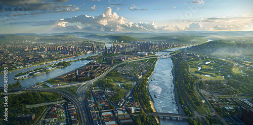 Expansive aerial view showcasing a vibrant city with intricate highways, green spaces, and a wide river flowing through urban areas