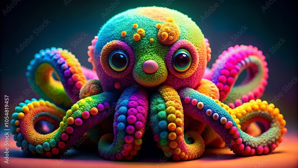 Obraz premium A whimsical, colorful octopus with large, expressive eyes, each tentacle a vibrant swirl of rainbow hues, adorned with rows of iridescent beads.