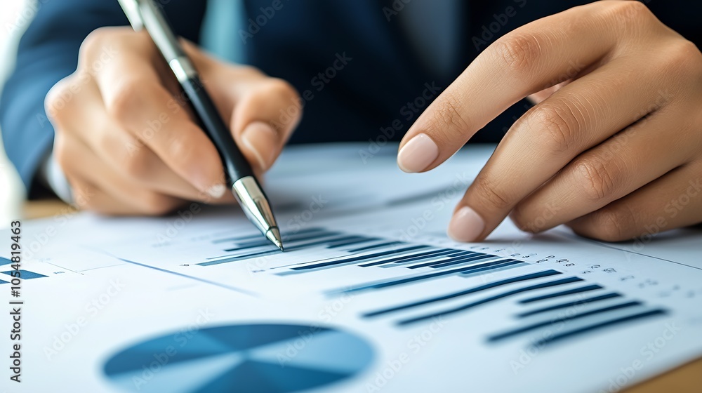 Closeup of business professional analyzing financial report with data charts and pen : Generative AI Closeup of business professional analyzing financial report with data charts and pen : Generative AI