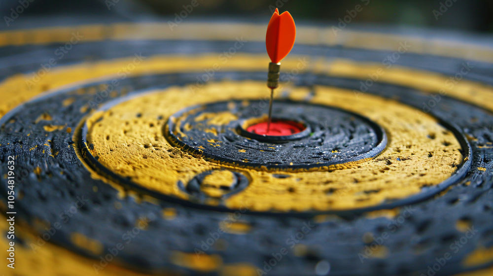 Close-up of a dart precisely hitting the bullseye on a worn target board, representing accuracy, focus, and goal achievement Close-up of a dart precisely hitting the bullseye on a worn target board, representing accuracy, focus, and goal achievement