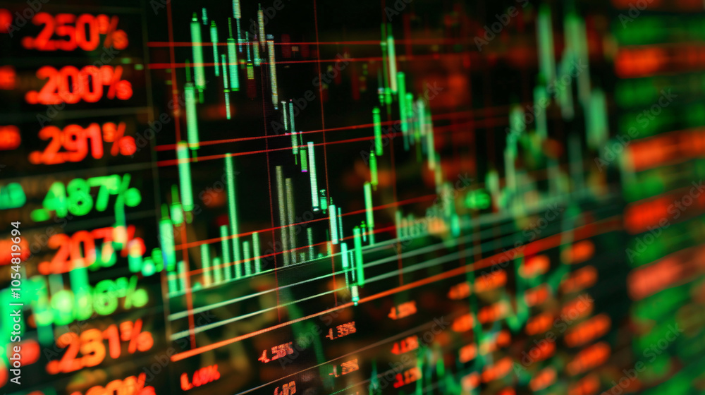 Close-up of a digital stock market display with green and red candlestick charts, representing financial market volatility and price fluctuations Close-up of a digital stock market display with green and red candlestick charts, representing financial market volatility and price fluctuations